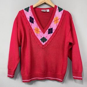 Vintage Huntington Ridge Argyle Sweater Size M Knit Pullover Preppy Maximalist‎